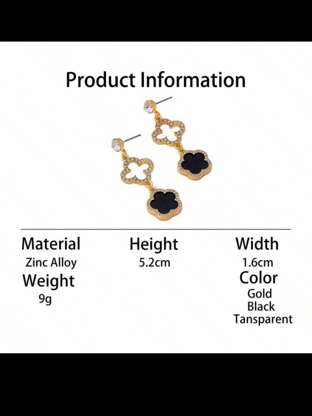 Gold-Plated Black Drop Clover Earrings - Picture 4 of 5